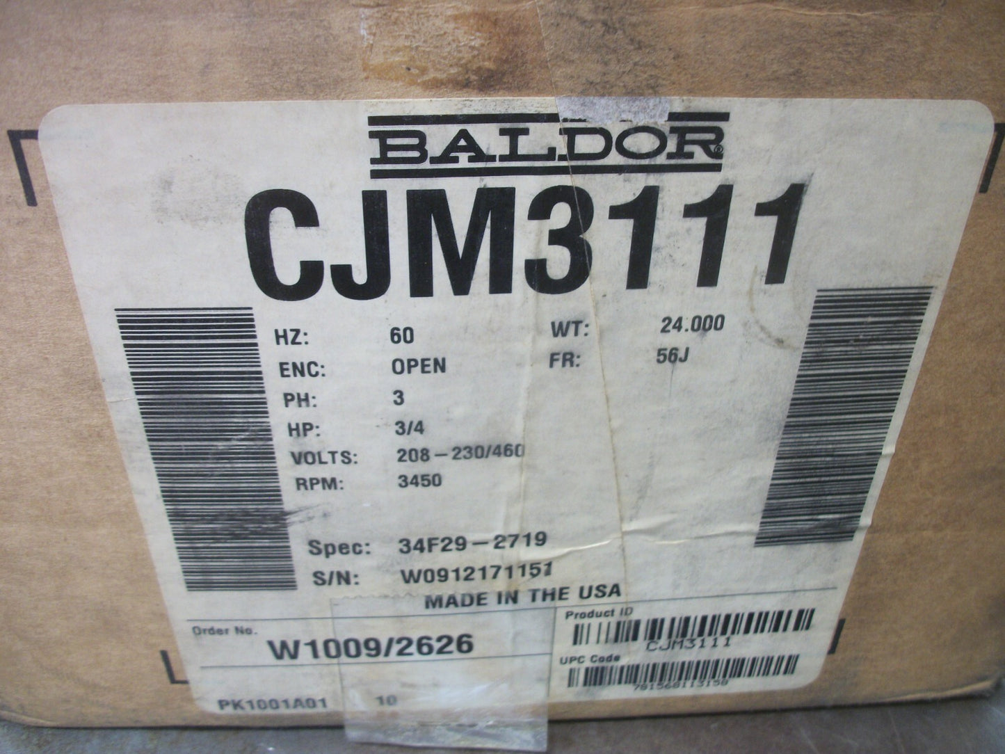 BALDOR 3/4HP 56J OPEN AC MOTOR CJM3111 460VOLT 3PH 3450RPM NIB