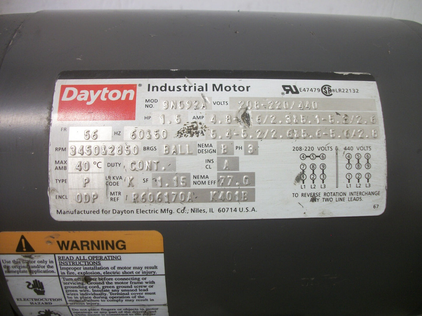 DAYTON 1.5HP 56 ODP AC MOTOR 3N592A 440VOLT 3PH 3450RPM & 2850RPM NOB