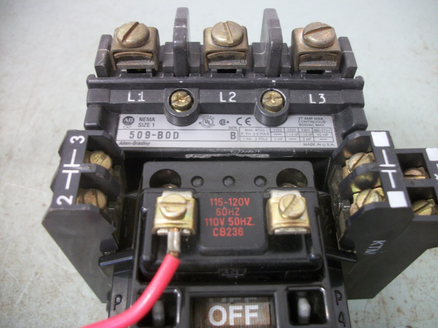 ALLEN-BRADLEY SIZE 1 MOTOR STARTER 509-BOD 27AMP 120VCOIL 3PH 600VOLT 10HP