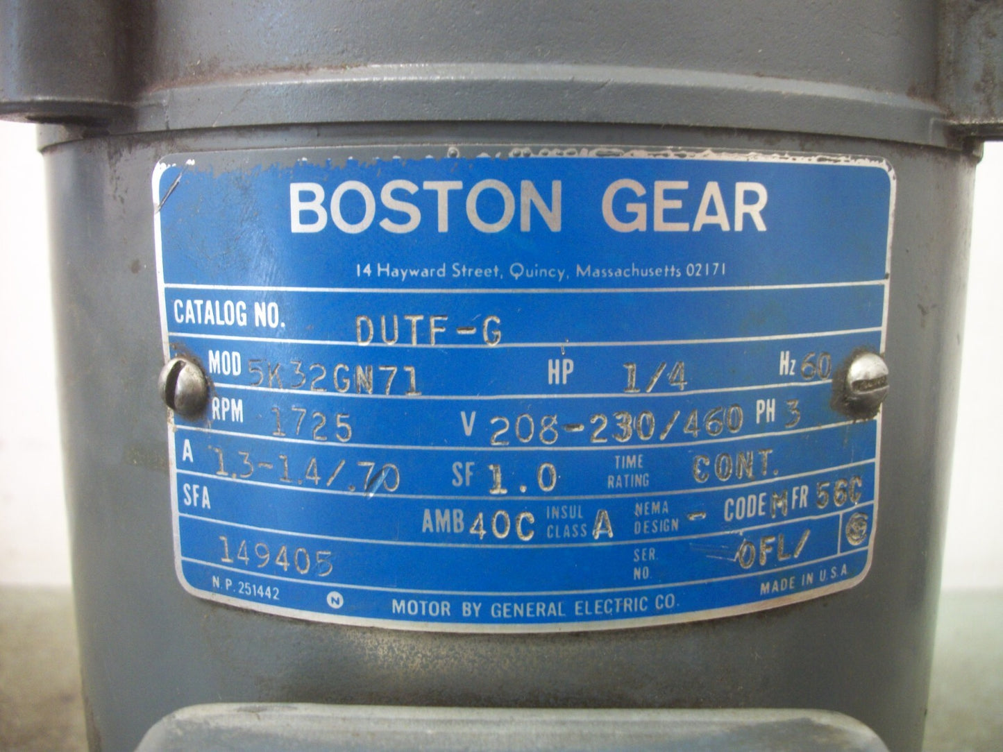 BOSTON GEAR 1/4HP 56C TEFC AC MOTOR DUTF-G 5K32GN71 460VOLT 3PH 1725RPM