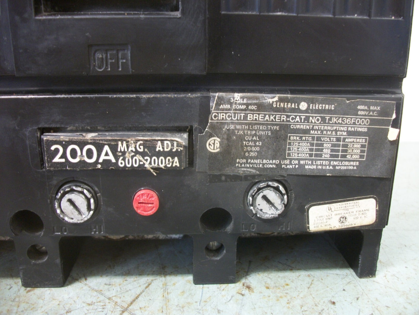 GE TJK CIRCUIT BREAKER TJK436F000 400AMP 600VOLT 3POLE W/200A TRIP