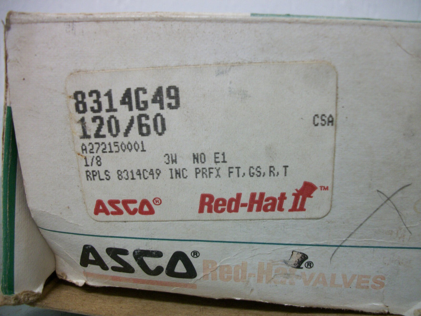 ASCO RED HAT 1/8" NPT SOLENOID VALVE 8314G49 300PSI 10.1WATT 120VCOIL NIB