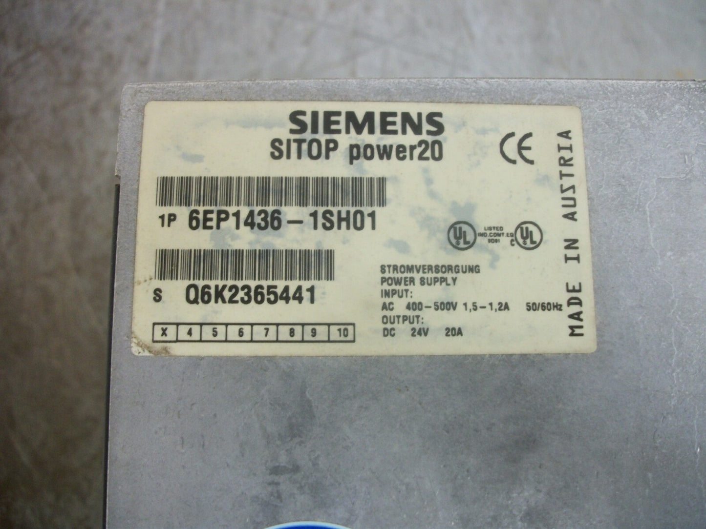 SIEMENS SITOP POWER 20 POWER SUPPLY 6EP1436-1SH01 24VDC 20AMP