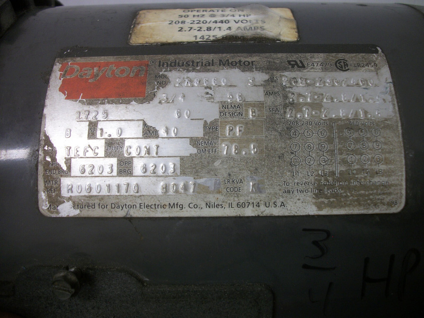 DAYTON 3/4HP 56 TEFC AC MOTOR 2N8660 460VOLT 3PH 1725RPM