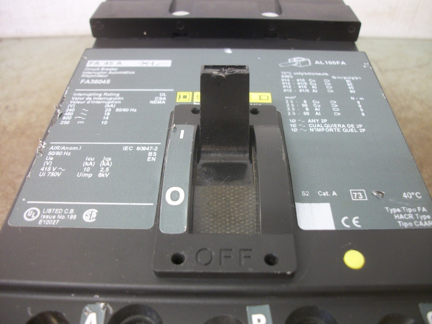 SQUARE D I-LINE FA CIRCUIT BREAKER FA36045 45AMP 600VOLT 3POLE GREEN