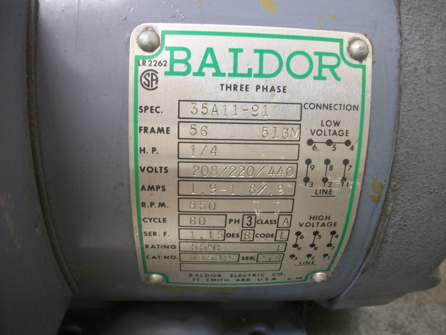 BALDOR 1/4HP 56 516M TEFC AC MOTOR 440VOLT 3PH 850RPM
