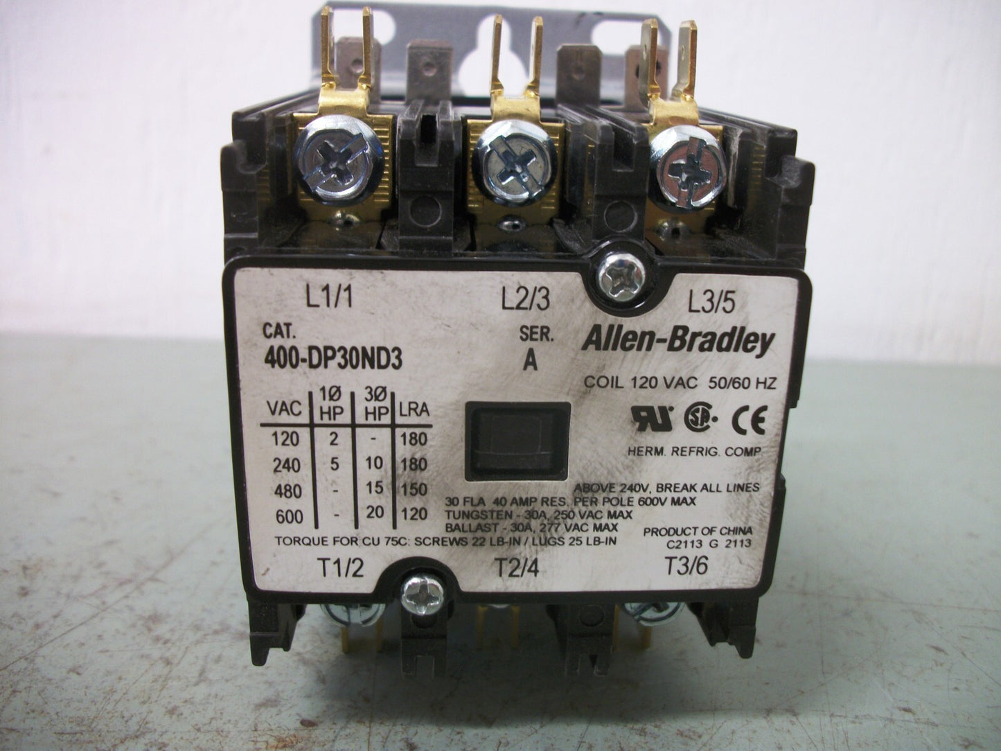 ALLEN-BRADLEY DEFINITE PURPOSE CONTACTOR 400-DP30ND3 120VCOIL 3PH 600VOLT 20HP