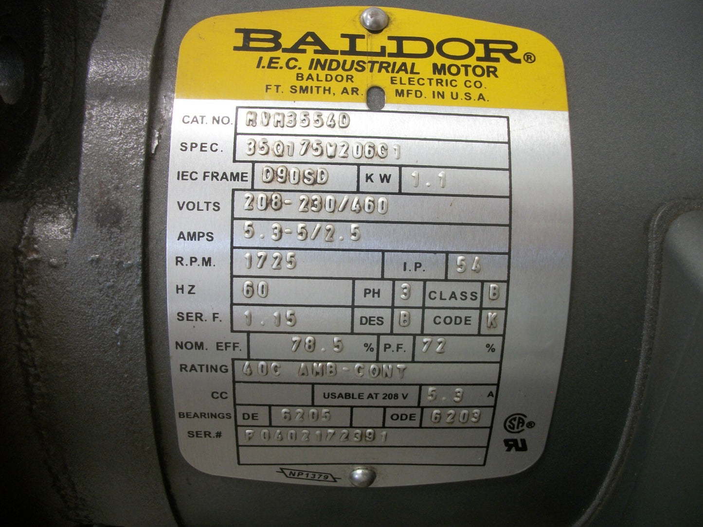 BALDOR 1.1KW D90SD TEFC AC MOTOR MVM3554D 460VOLT 3PH 1725RPM
