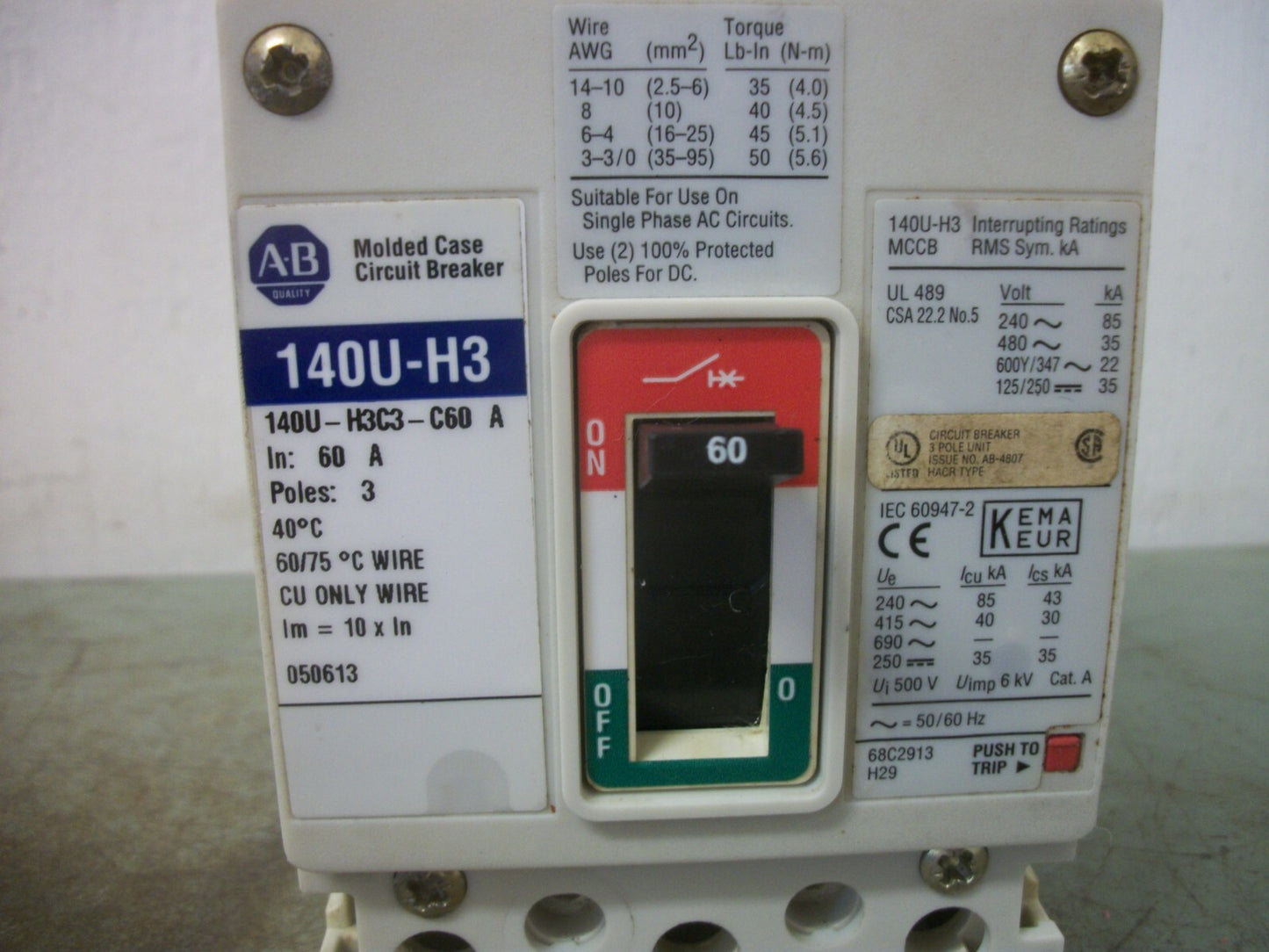 ALLEN-BRADLEY 140U-H3 CIRCUIT BREAKER 140U-H3C3-C60 60AMP 600VOLT 3POLE