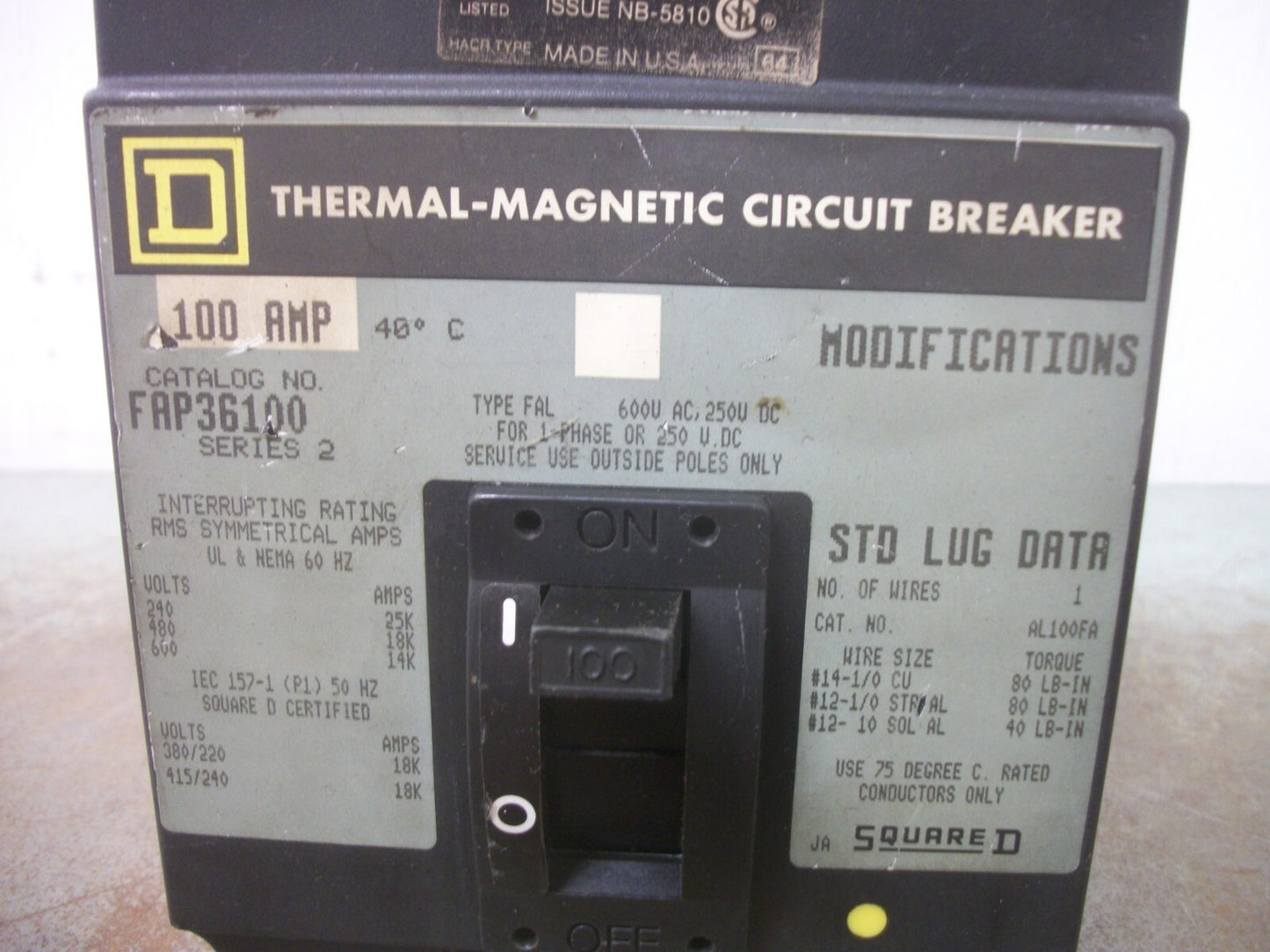 SQUARE D FAP CIRCUIT BREAKER FAP36100 100AMP 600VOLT 3POLE GRAY