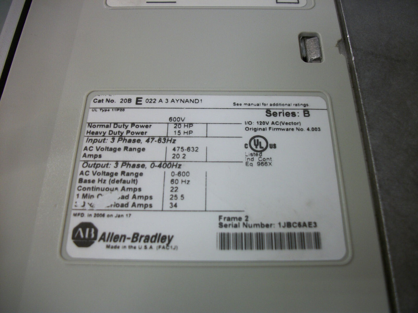 ALLEN-BRADLEY POWERFLEX 700 20HP AC DRIVE 20BE022A3AYNAND1 600VOLT 3PH 22AMP