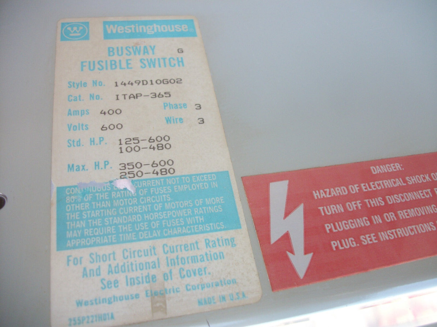 WESTINGHOUSE FUSIBLE BUS PLUG ITAP365 400AMP 600VOLT 3PH 4W