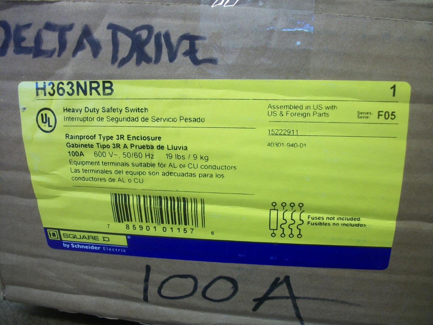SQUARE D DISCONNECT TYPE 3R H363NRB 100AMP 600VOLT 3POLE FUSIBLE NIB