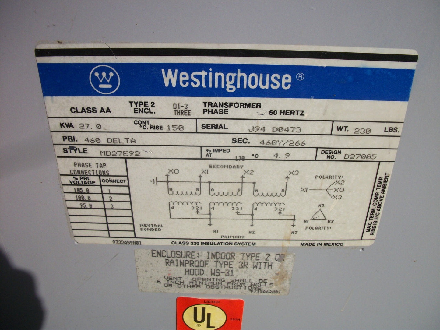 WESTINGHOUSE 27KVA 3PH TRANSFORMER MD27E92 HV 460D LV 460Y/266