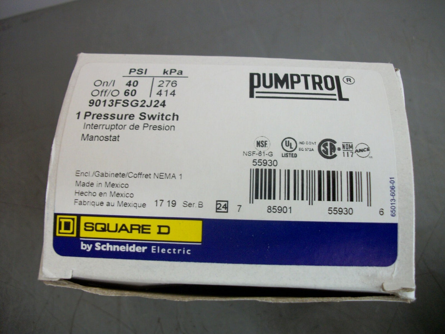 SQUARE D PUMPTROL PRESSURE SWITCH 9013FSG2J24 40/60PSI 276/414kPa NIB
