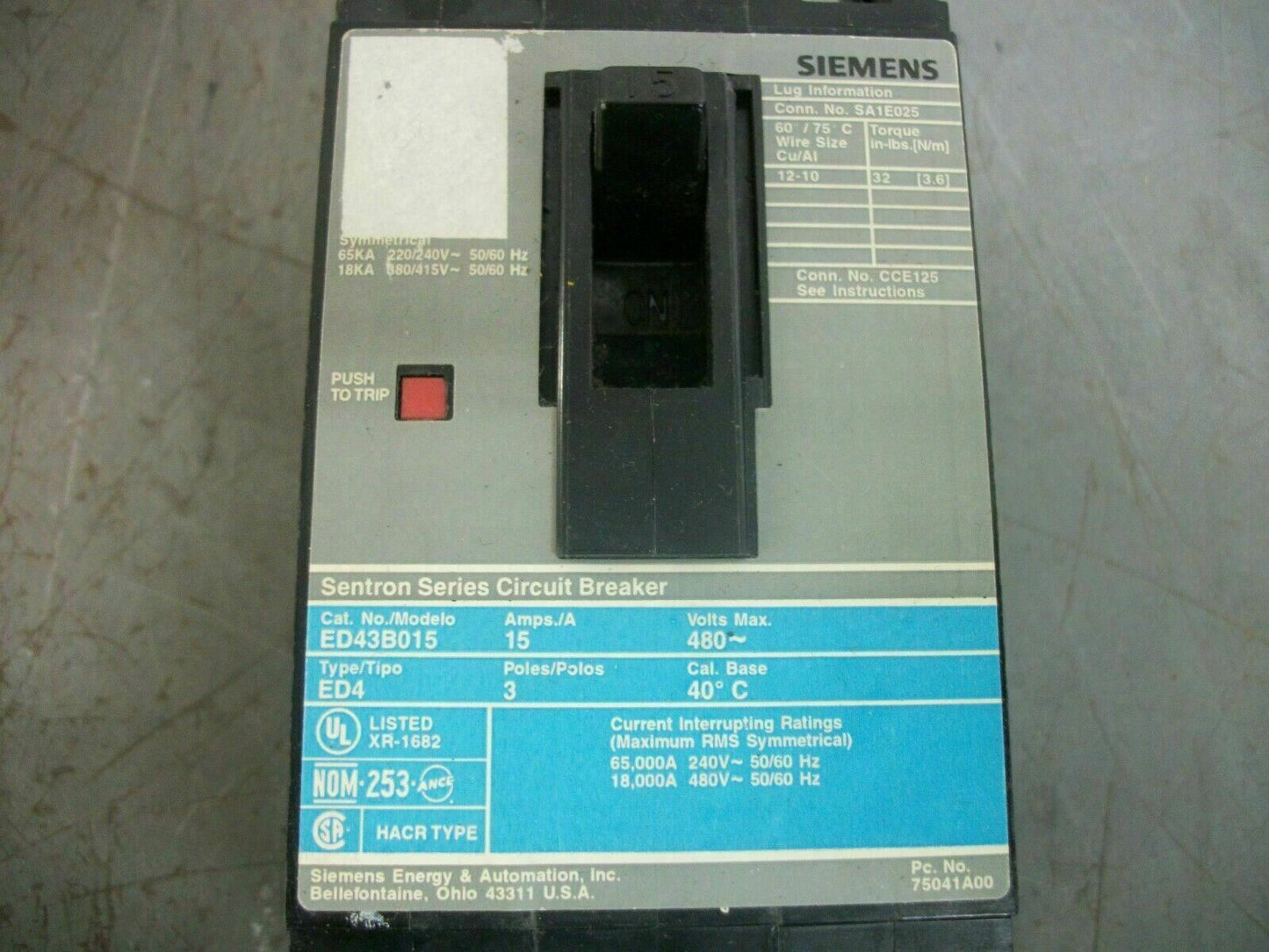 SIEMENS SENTRON ED4 CIRCUIT BREAKER ED43B015 15AMP 480VOLT 3POLE