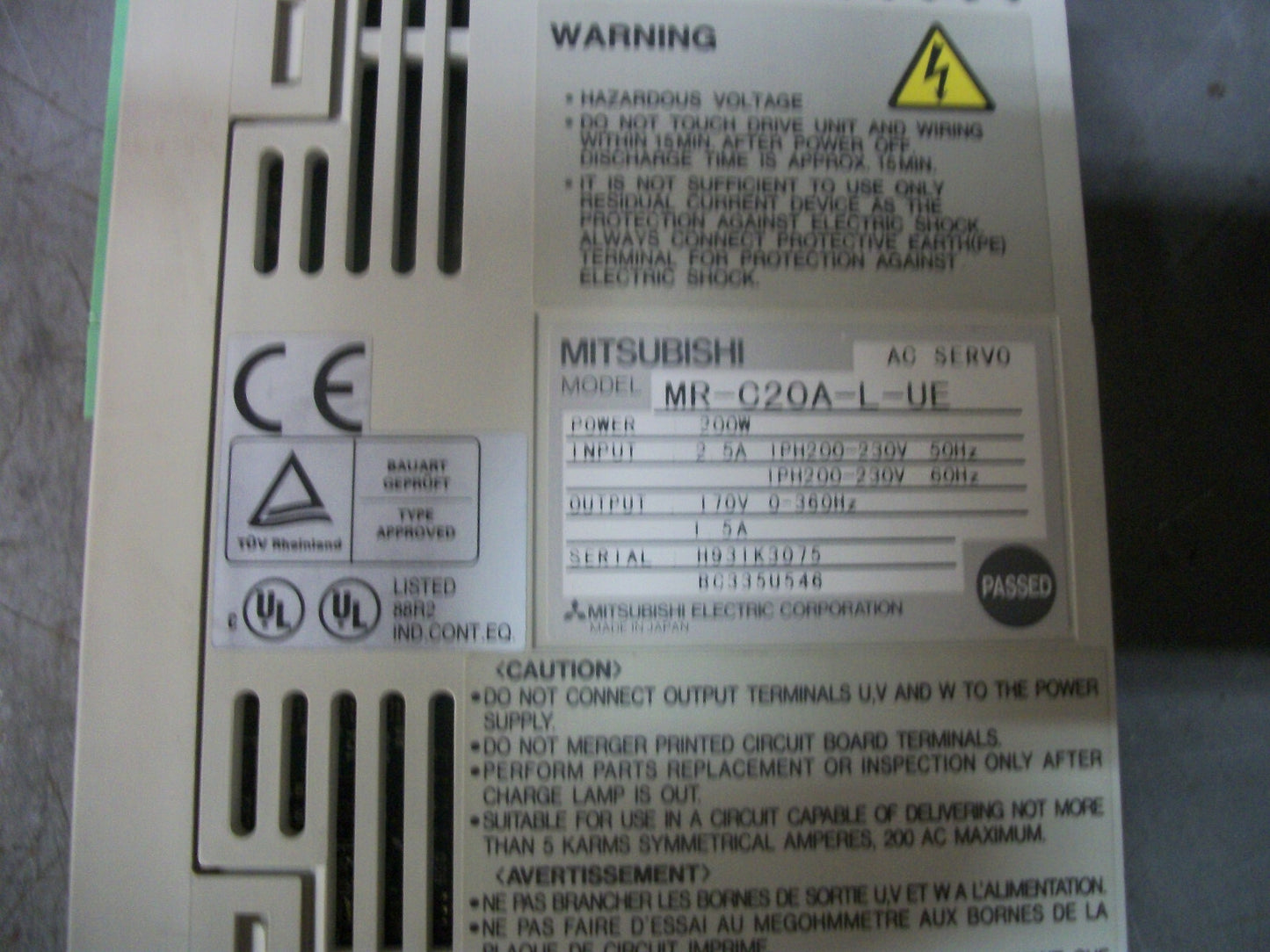 MITSUBISHI 200W AC SERVO DRIVE MR-C20A-L-UE 170VOLT 1.5AMP