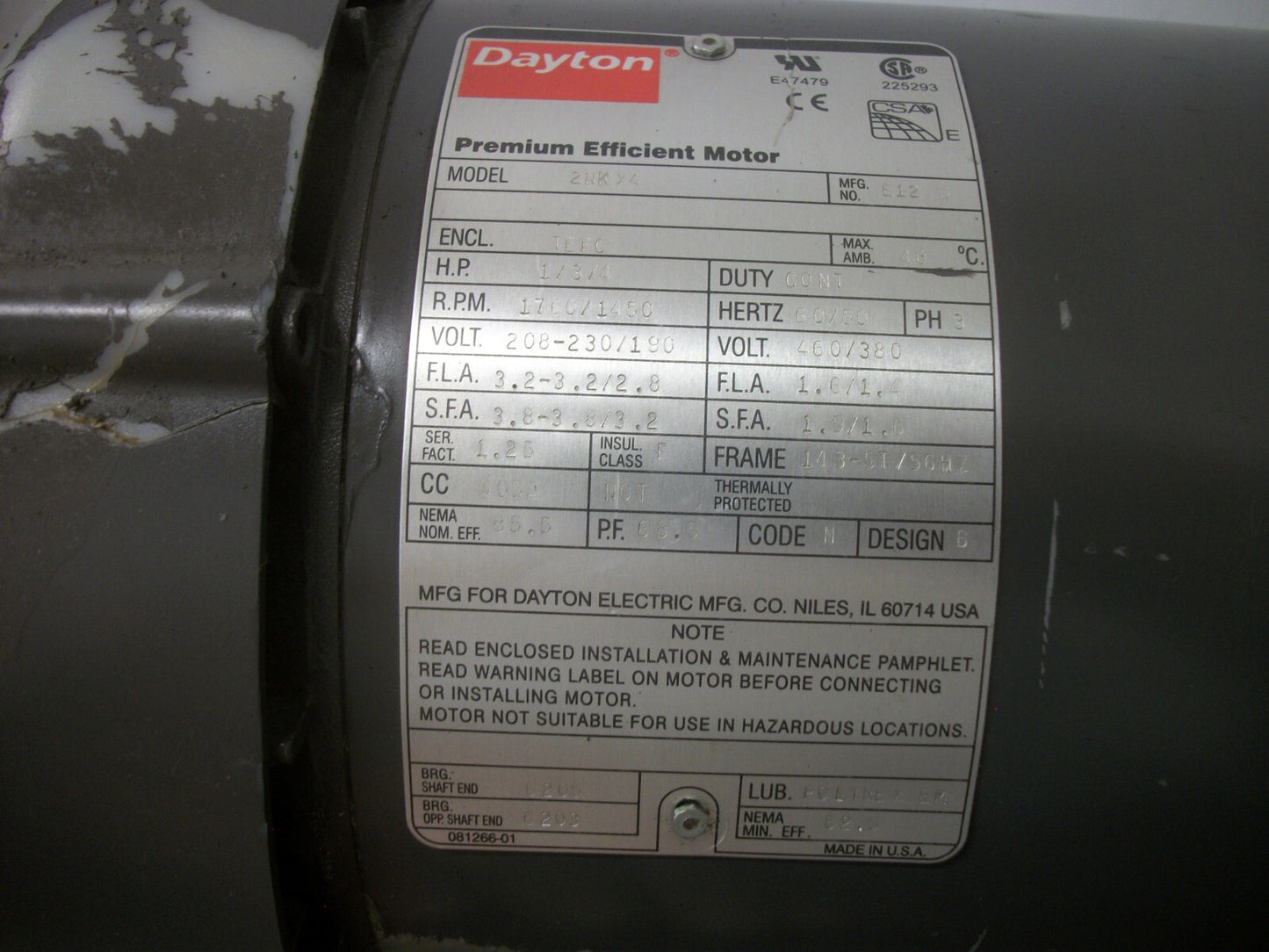 DAYTON 1-3/4HP 143-5T/56HZ TEFC AC MOTOR 2NKX4 460VOLT 3PH 1760/1450RPM NOB