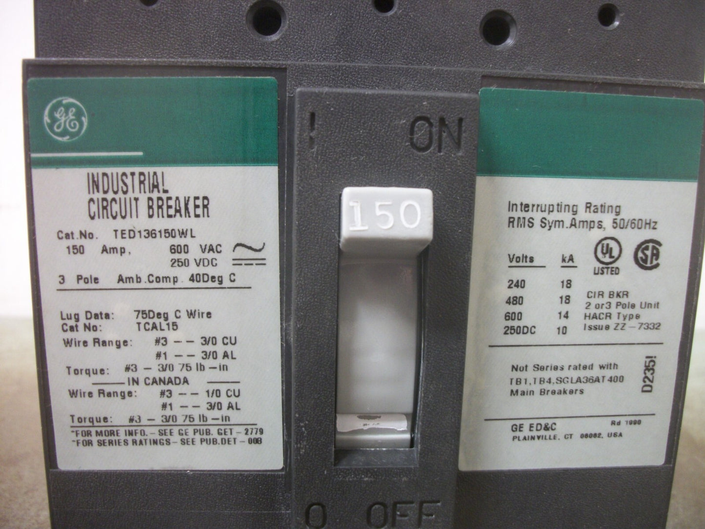 GE TED CIRCUIT BREAKER TED136150WL 150AMP 600VOLT 3POLE GREEN
