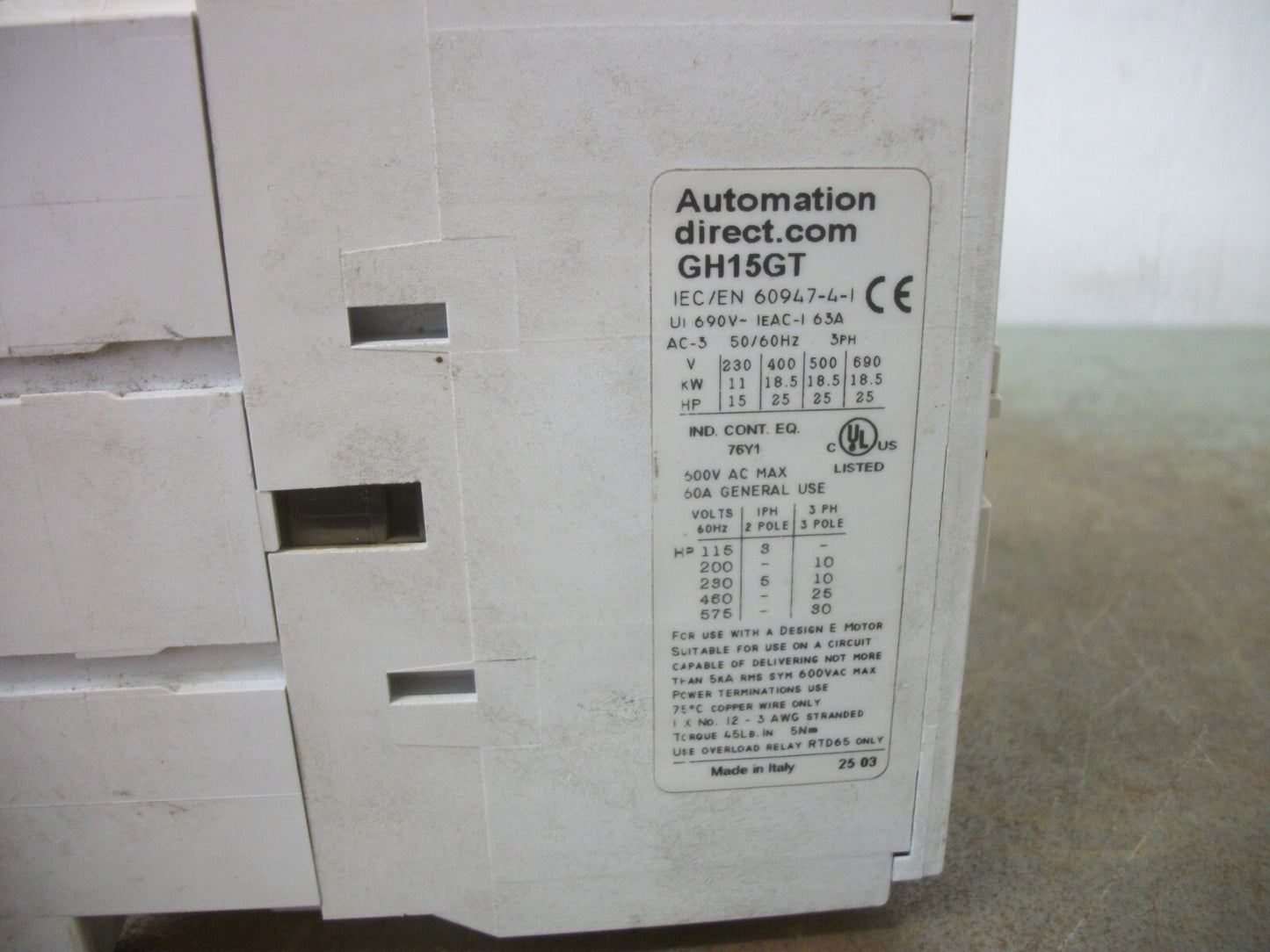 AUTOMATION DIRECT CONTACTOR GH15GT 60AMP 240VCOIL 3PH 600V 30HP
