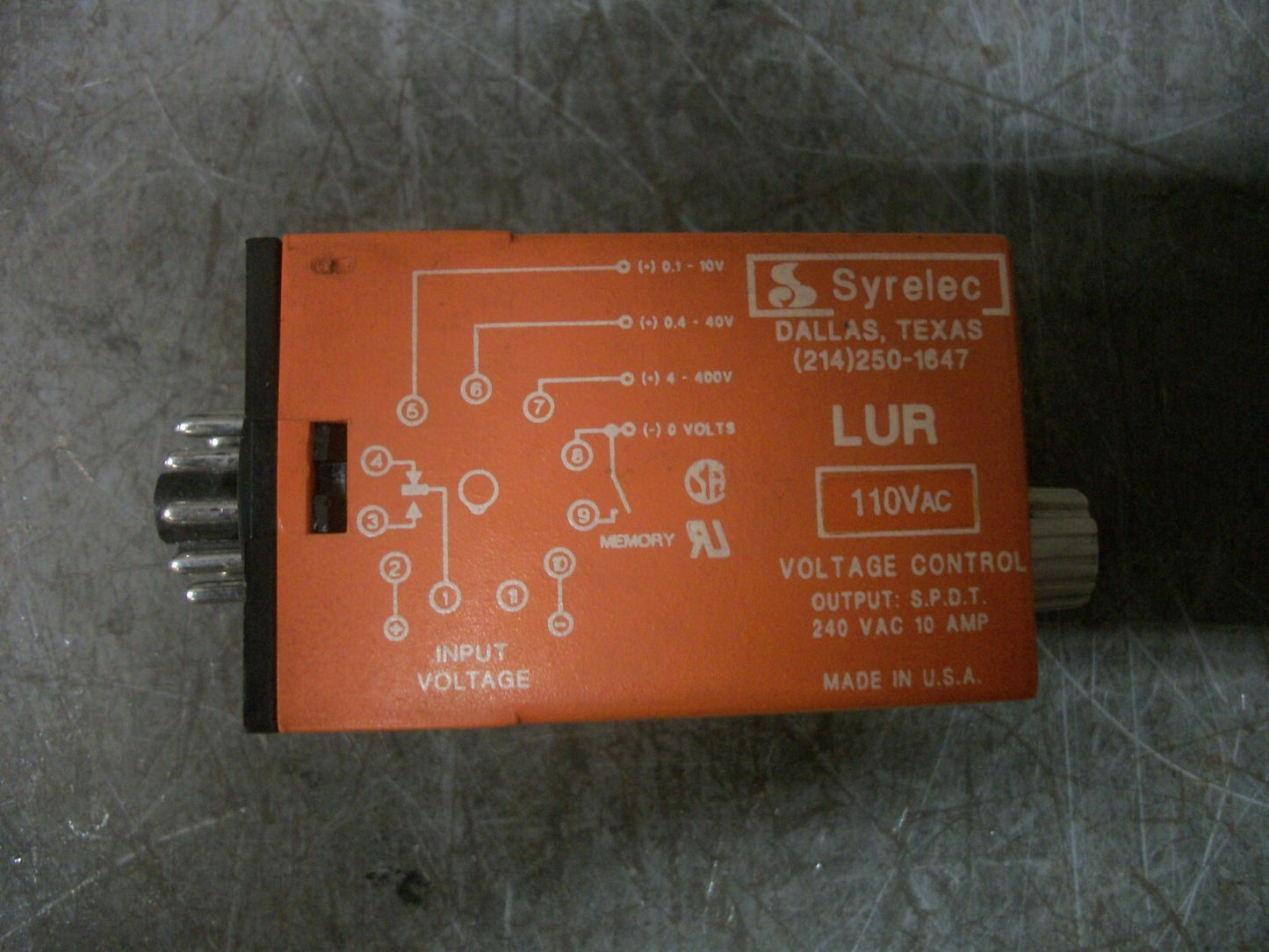SYRELEC TIME DELAY RELAY LUR110A 110VAC 0.01-1.0 THRESH 5-50 HYSTERESIS