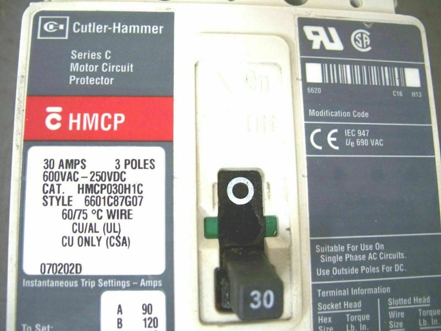 CUTLER-HAMMER HMCP CIRCUIT BREAKER HMCP030H1C 30AMP 600VOLT 3POLE