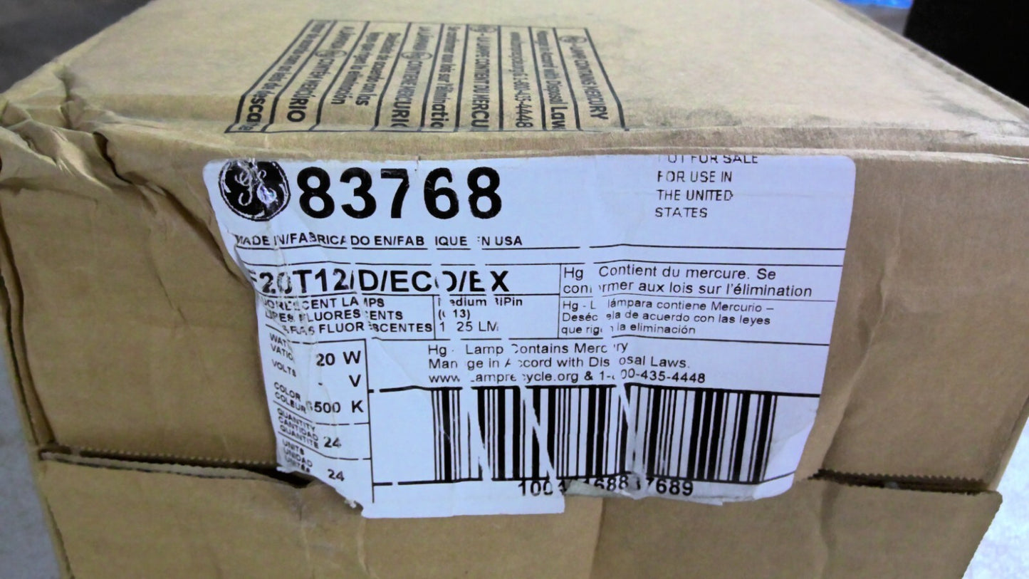 GE 83768 BOX OF 24 T12 FLUORESCENT LAMPS F20T12/D/ECO/EX 20W NIB