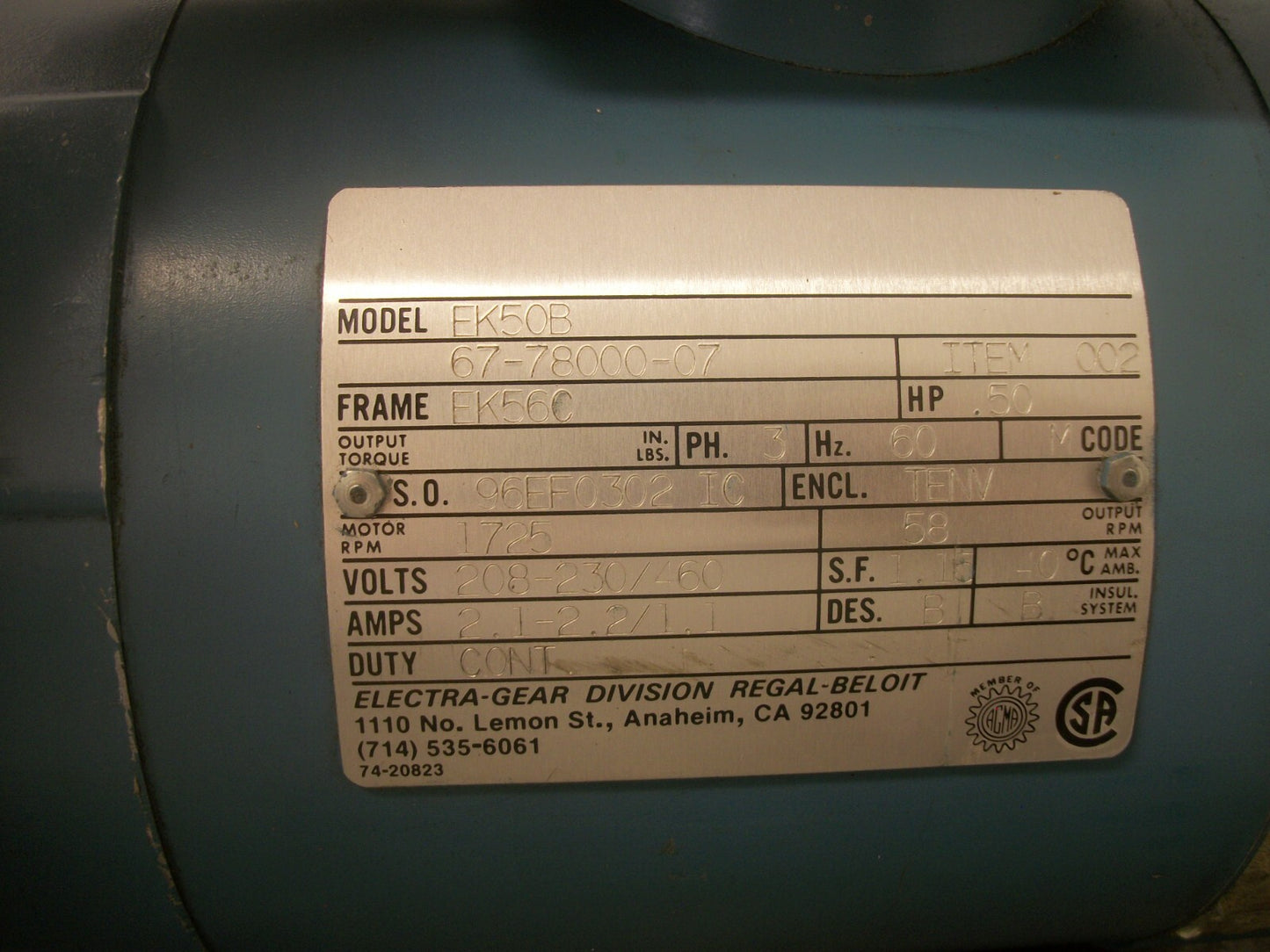 ELECTRA-GEAR .50HP EK56C TENV AC MOTOR EK50B 67-78000-07 460VOLT 3PH 1725RPM