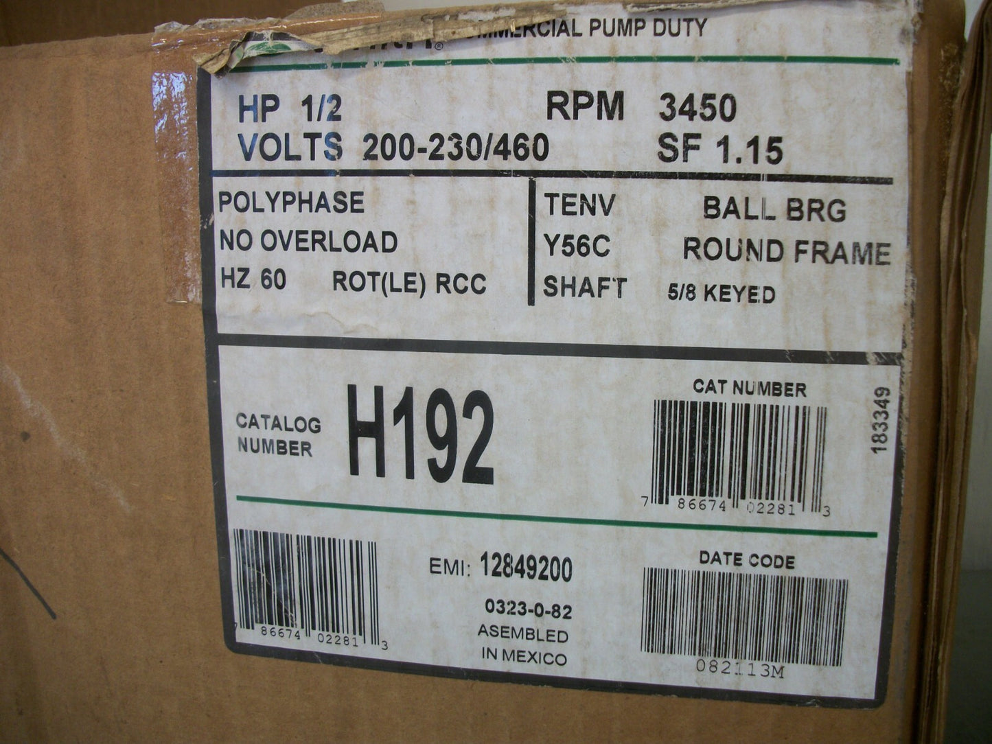 AO SMITH CENTURY 1/2HP TENV Y56C AC MOTOR H192 460VOLT 3450RPM 3PH NIB