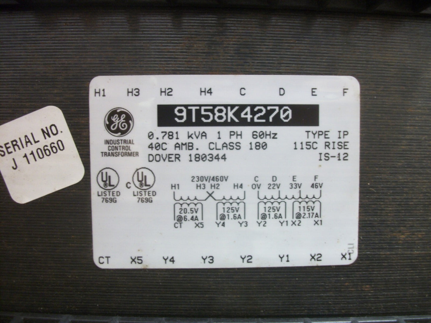 GE .781KVA 1PH TRANSFORMER 9T58K4270 HV 0X46 230X460 LV 20.5/125 115/125 NIB