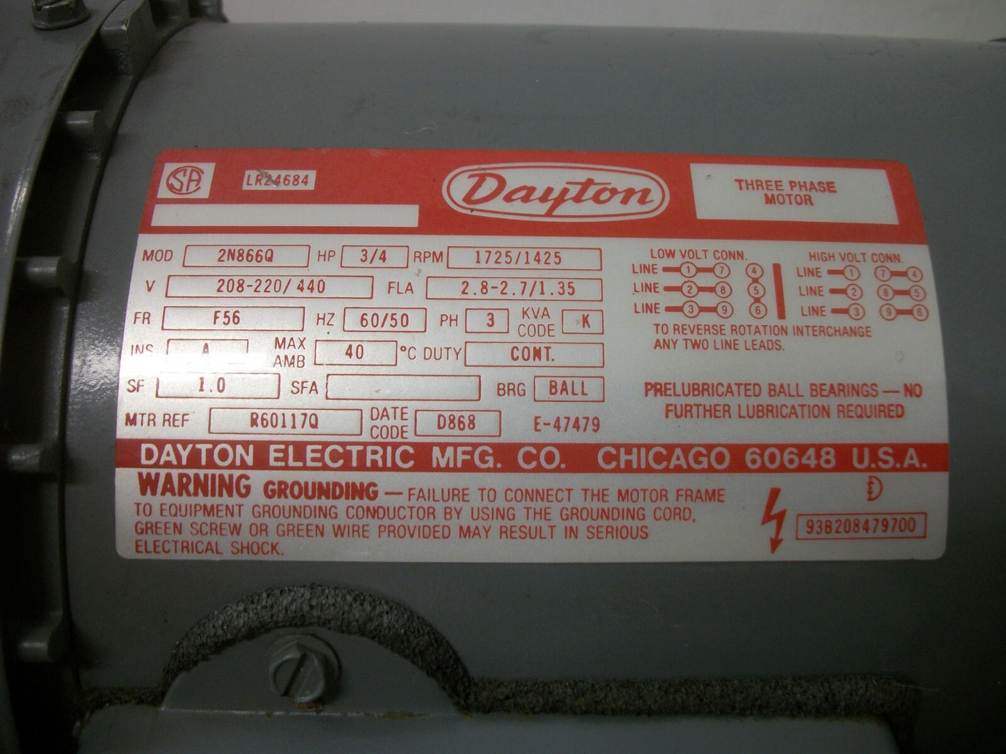 DAYTON 3/4HP F56 TEFC AC MOTOR 2N866Q 440VOLT 3PH 1425RPM NOB