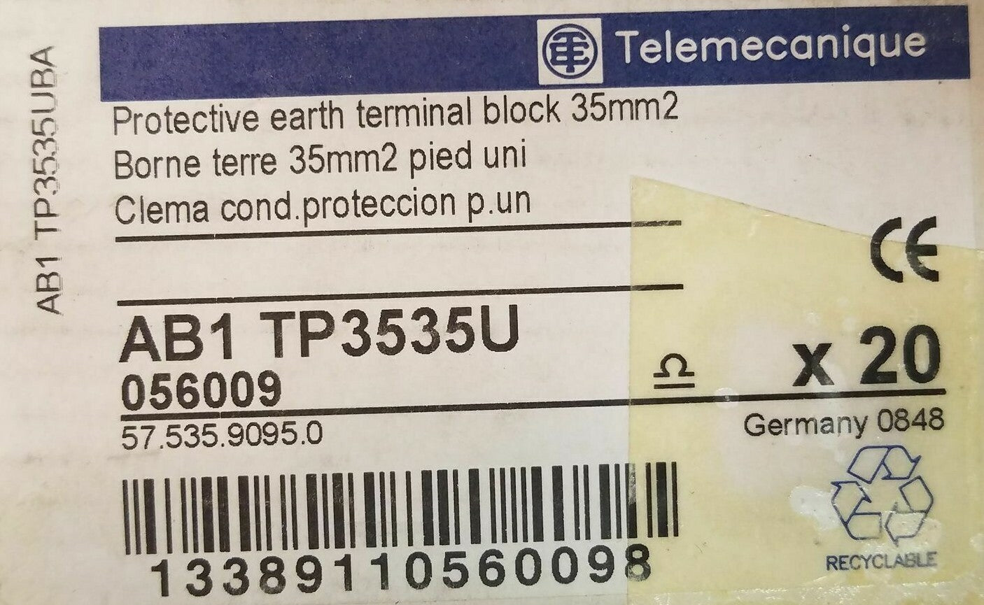 TELEMECANIQUE LOT OF 20 35mm2 EARTH TERMINAL BLOCKS AB1TP3535U NOB