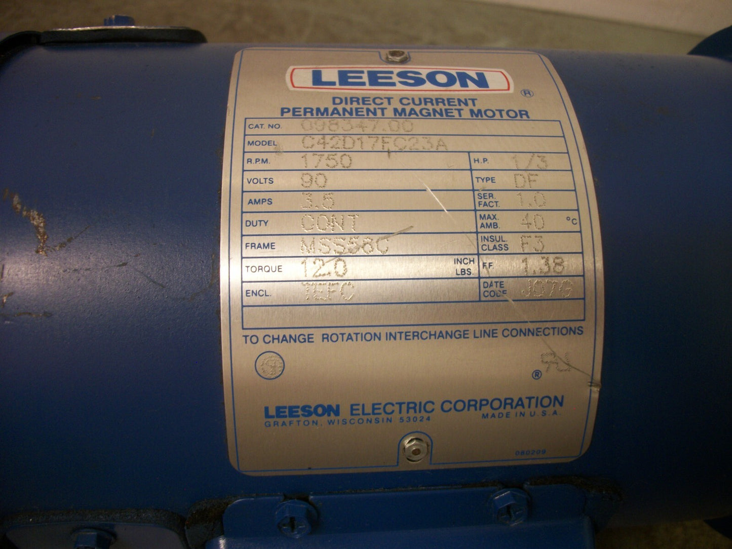 LEESON 1/3HP MSS58C TEFC DC MOTOR 098347.00 90VDC 1750RPM NOB