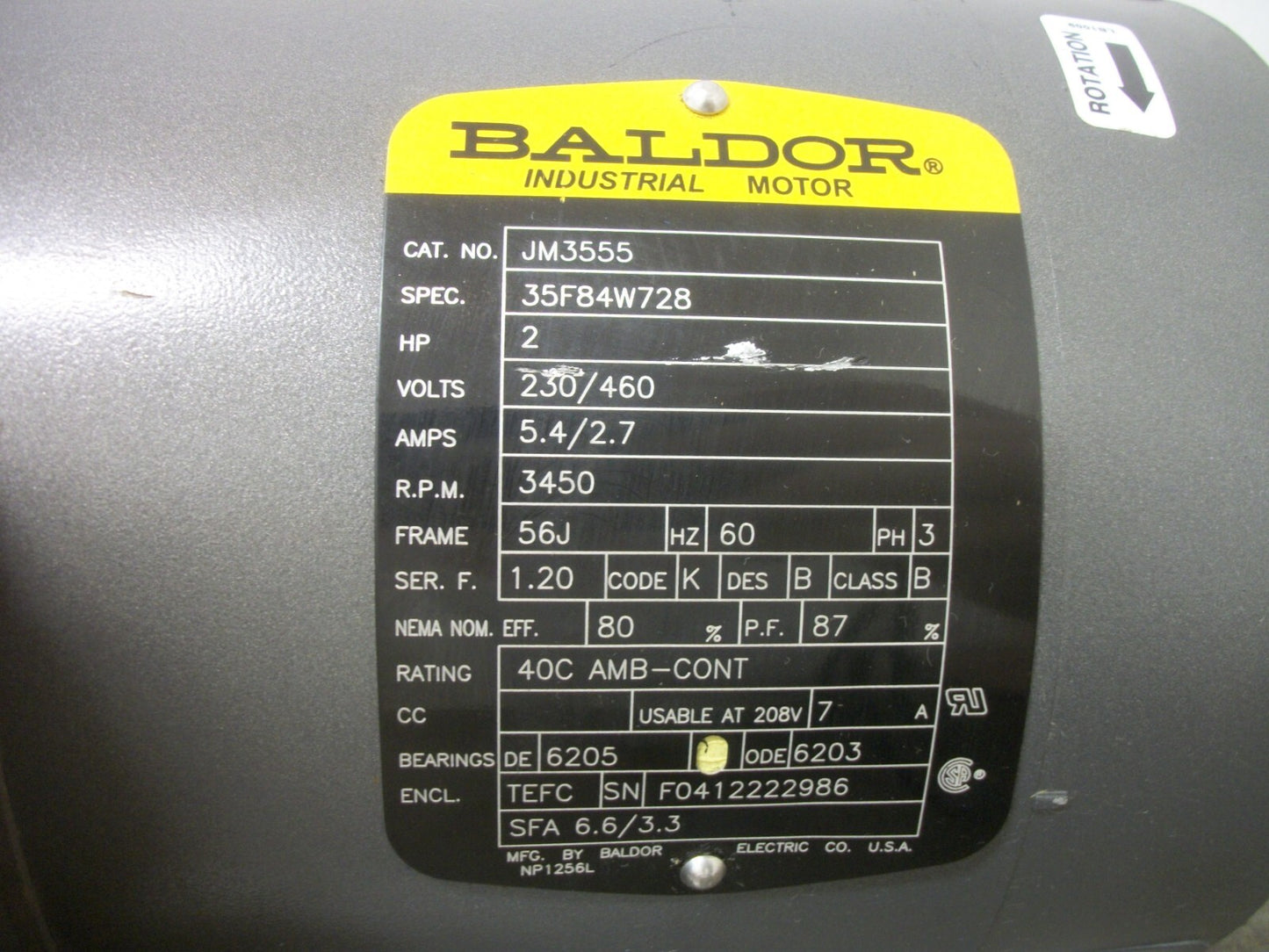 BALDOR 2HP 56J TEFC AC MOTOR JM3555 460VOLT 3PH 3450RPM NOB