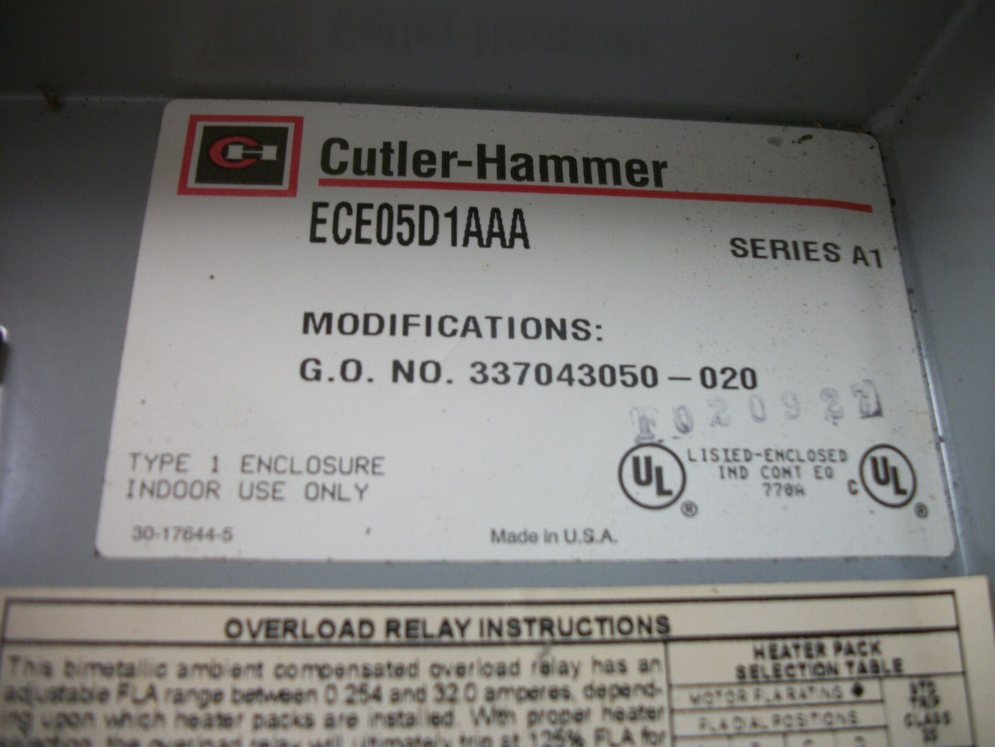 CUTLER-HAMMER ENCL MOTOR STARTER CE15DNS3 18AMP 120VCOIL 3PH 600V 15HP