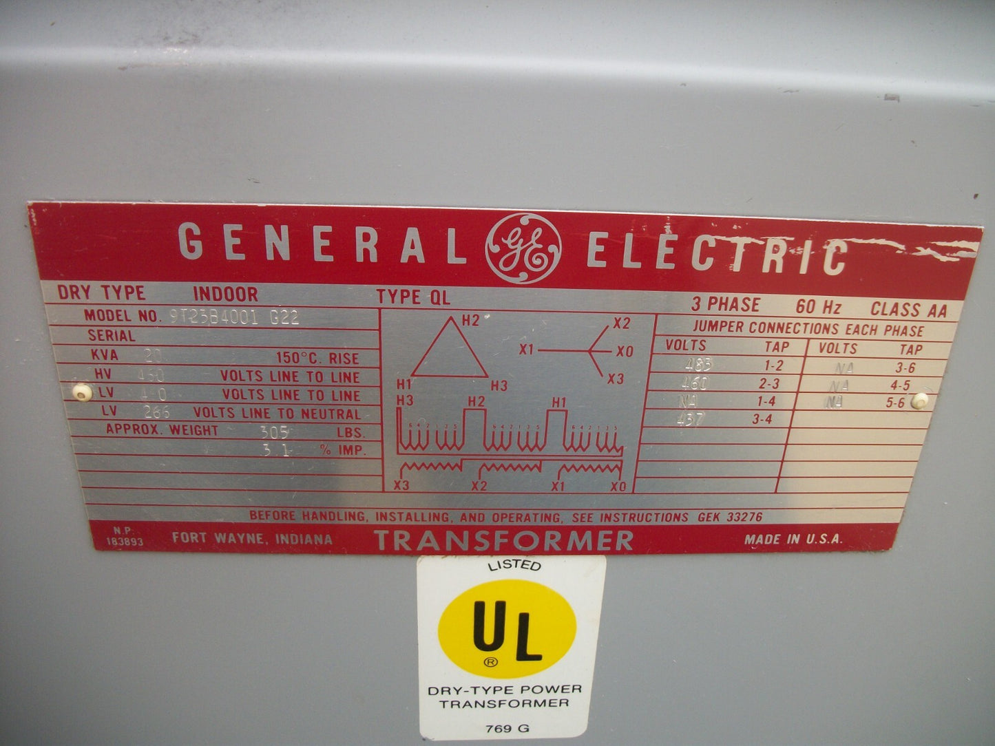 GE 20KVA 3PH TRANSFORMER 9T23B4001G22 HV 460 LV 460/266