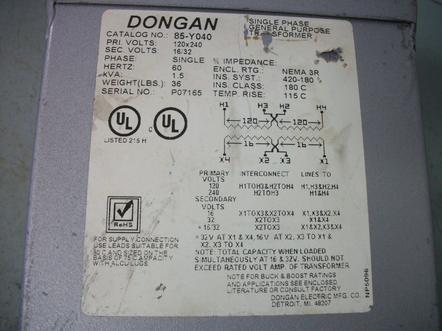 DONGAN 1.5KVA 1PH TRANSFORMER 85-Y040 HV 120X240 LV 16/32