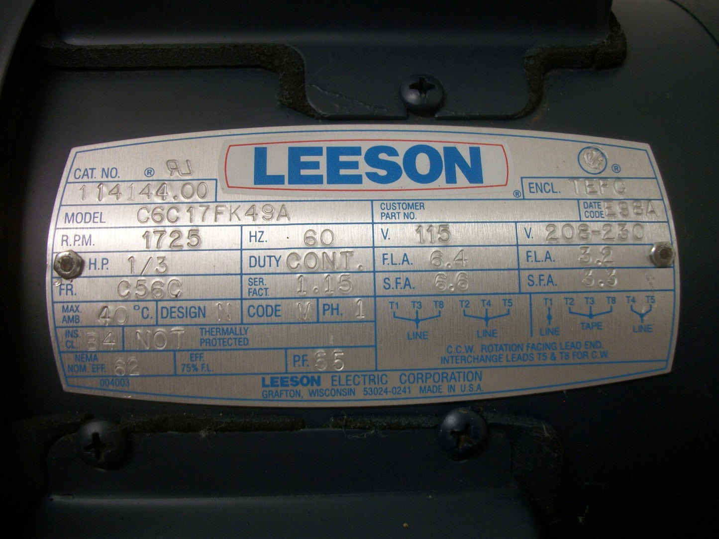 LEESON 1/3HP C56C TEFC AC MOTOR 114144.00 230VOLT 1PH 1725RPM NOB