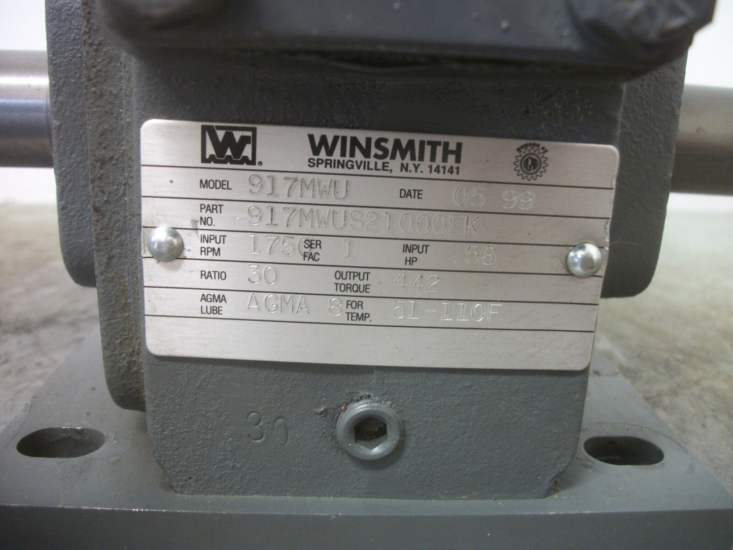 WINSMITH 917MWU 30:1 RATIO GEAR REDUCER 917MWUS21000EK 1750RPM NOB