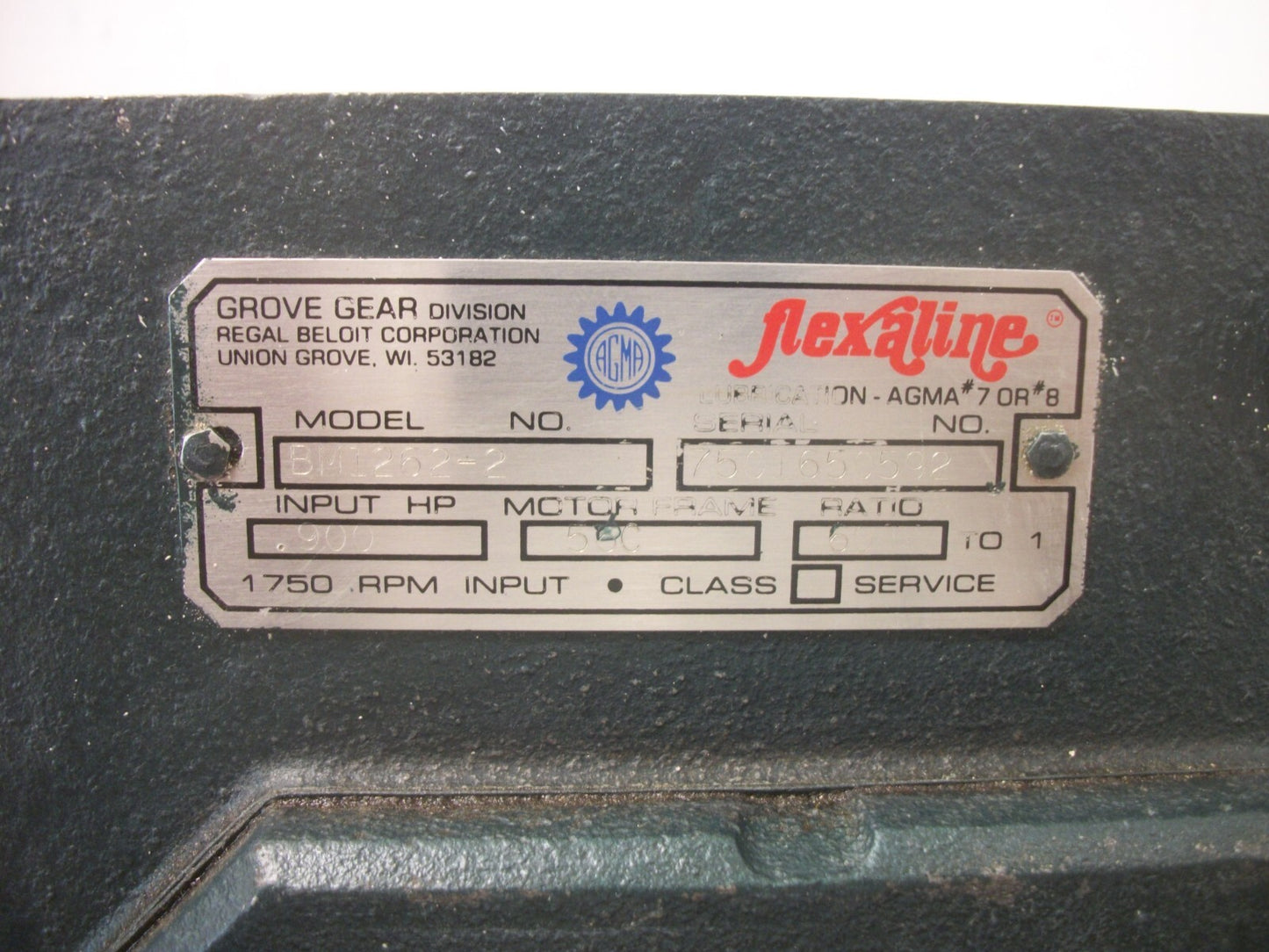GROVE GEAR FLEXALINE 60:1 RATIO WORM GEAR SPEED REDUCER BM1262-2 .900HP