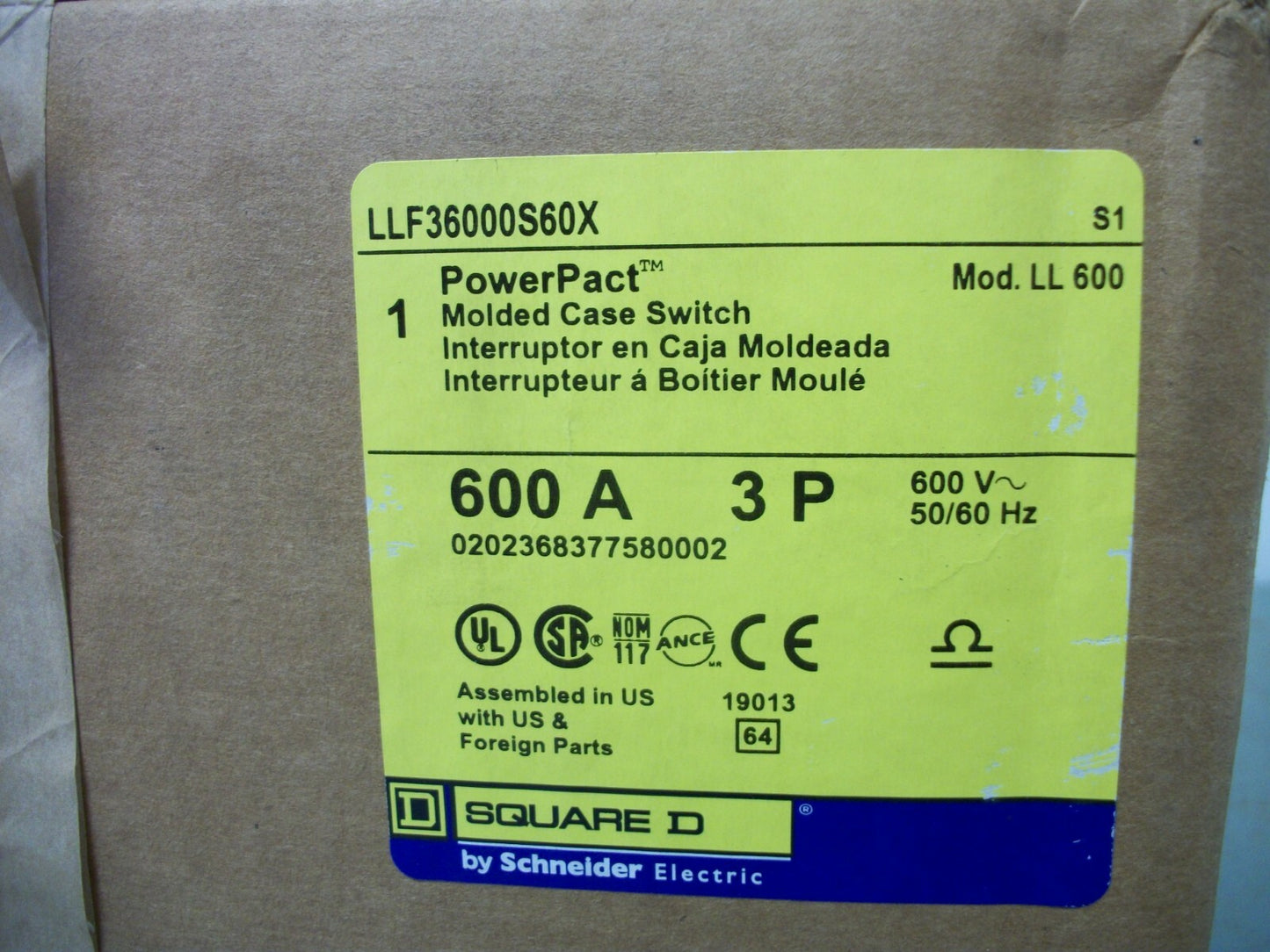 SQUARE D POWERPACT LLF CIRCUIT BREAKER LLF36000S60S 600AMP 600VOLT 3POLE NIB