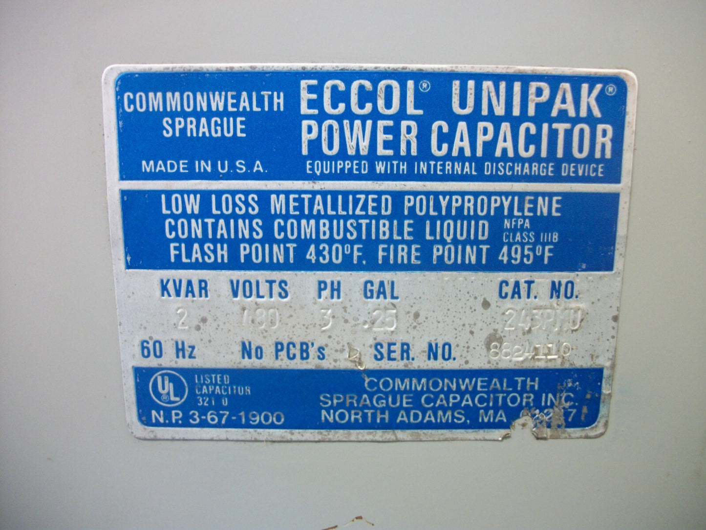 SPRAGUE ECCOL UNIPAK POWER CAPACITOR 243PMU 2KVAR 480VOLT 3PH NOB