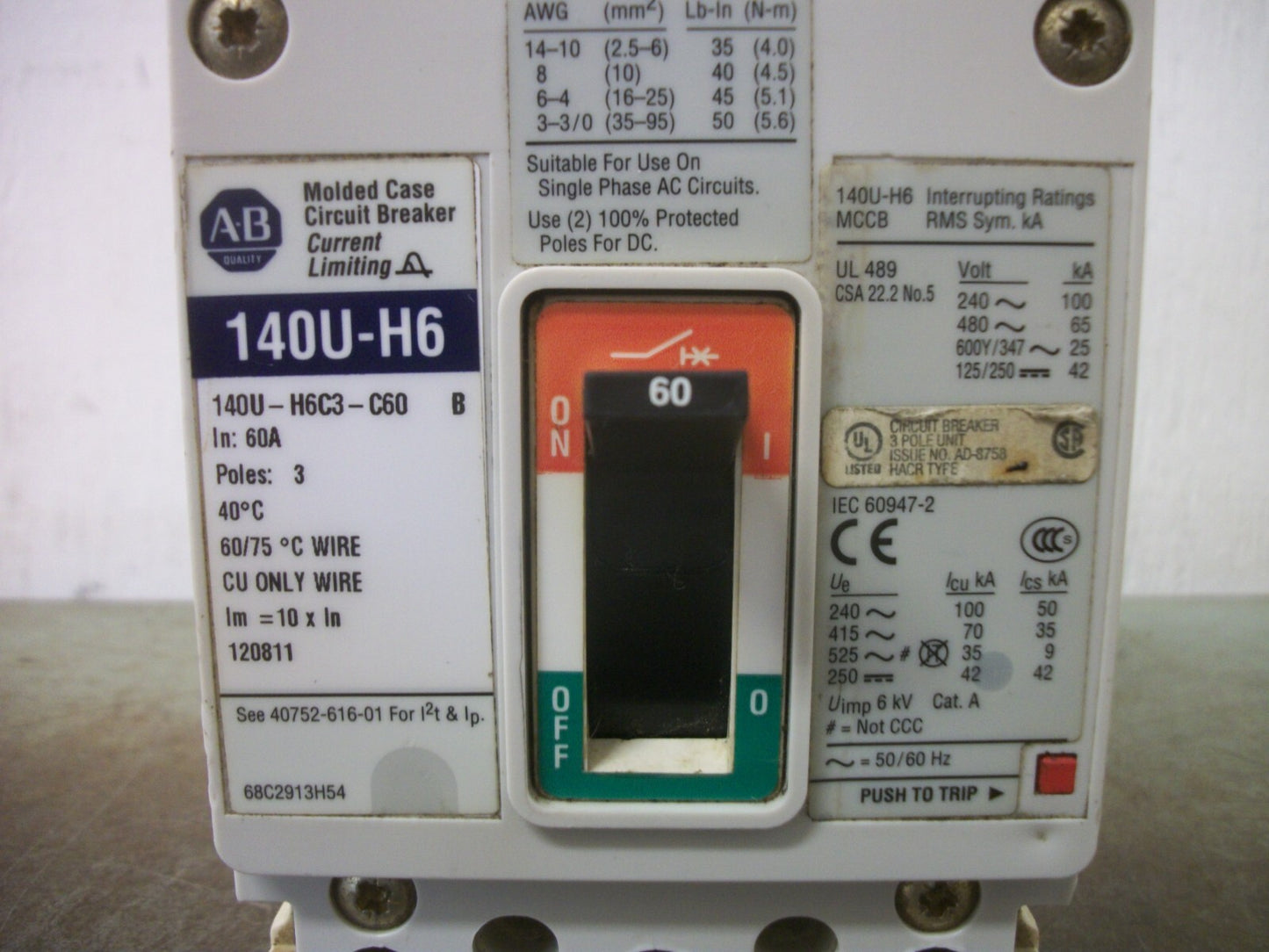 ALLEN-BRADLEY 140U-H6 CIRCUIT BREAKER 140U-H6C3-C60 60AMP 600VOLT 3POLE