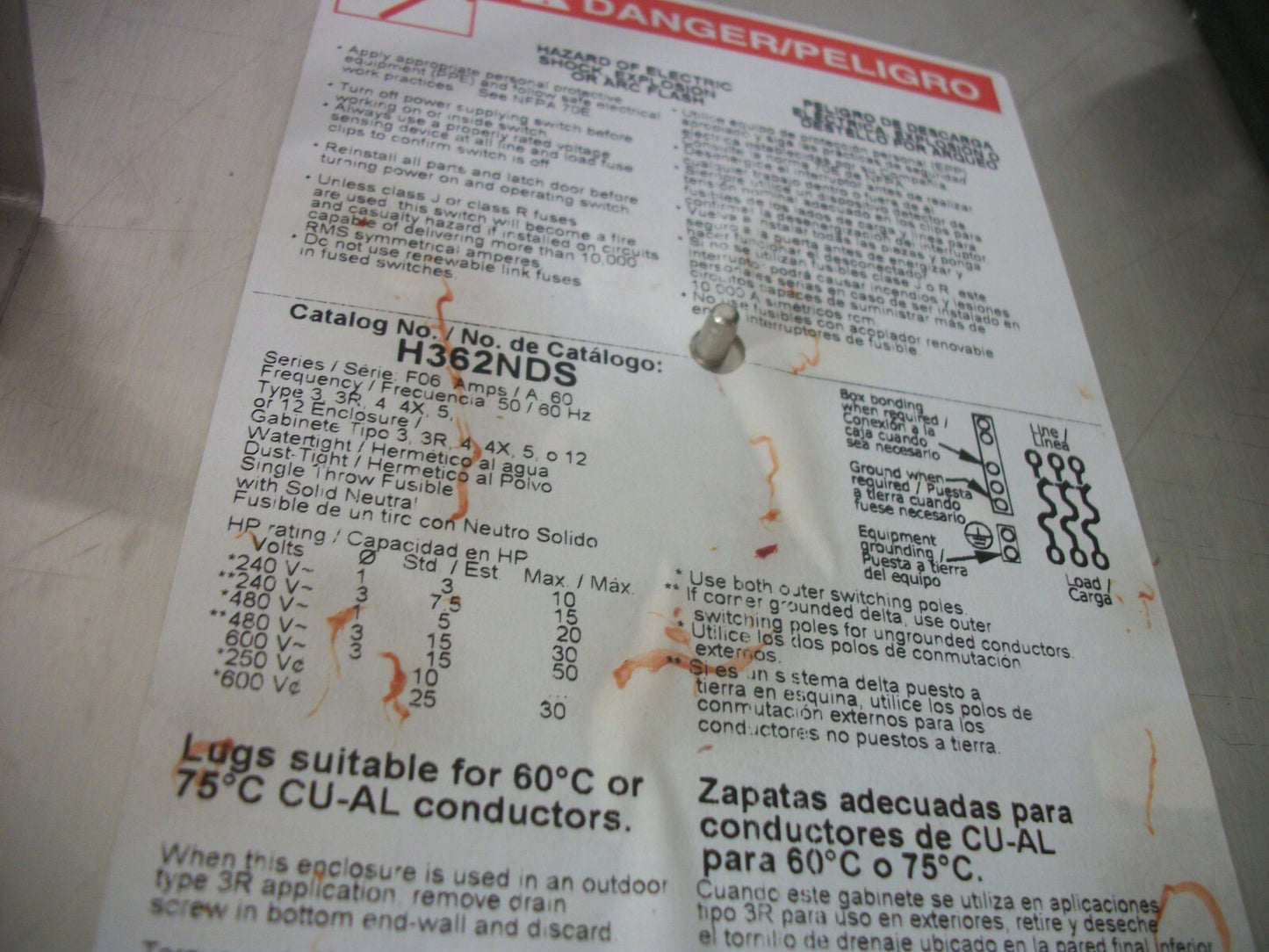 SQUARE D S.S DISCONNECT TYPE 3R,4X,12 H362NDS 60AMP 600VOLT 3POLE FUSIBLE NIB
