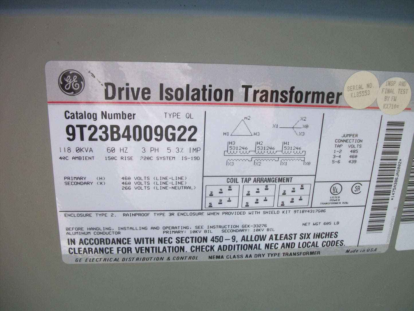GE 118KVA 3PH TRANSFORMER 9T23B4009G22 HV 460 LV 266