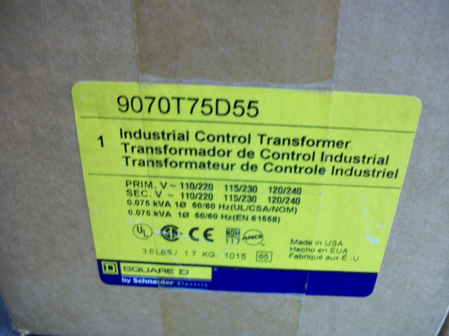 SQUARE D 0.075KVA 1PH TRANSFORMER 9070T75D55 HV 110X240 LV 110/240 NIB