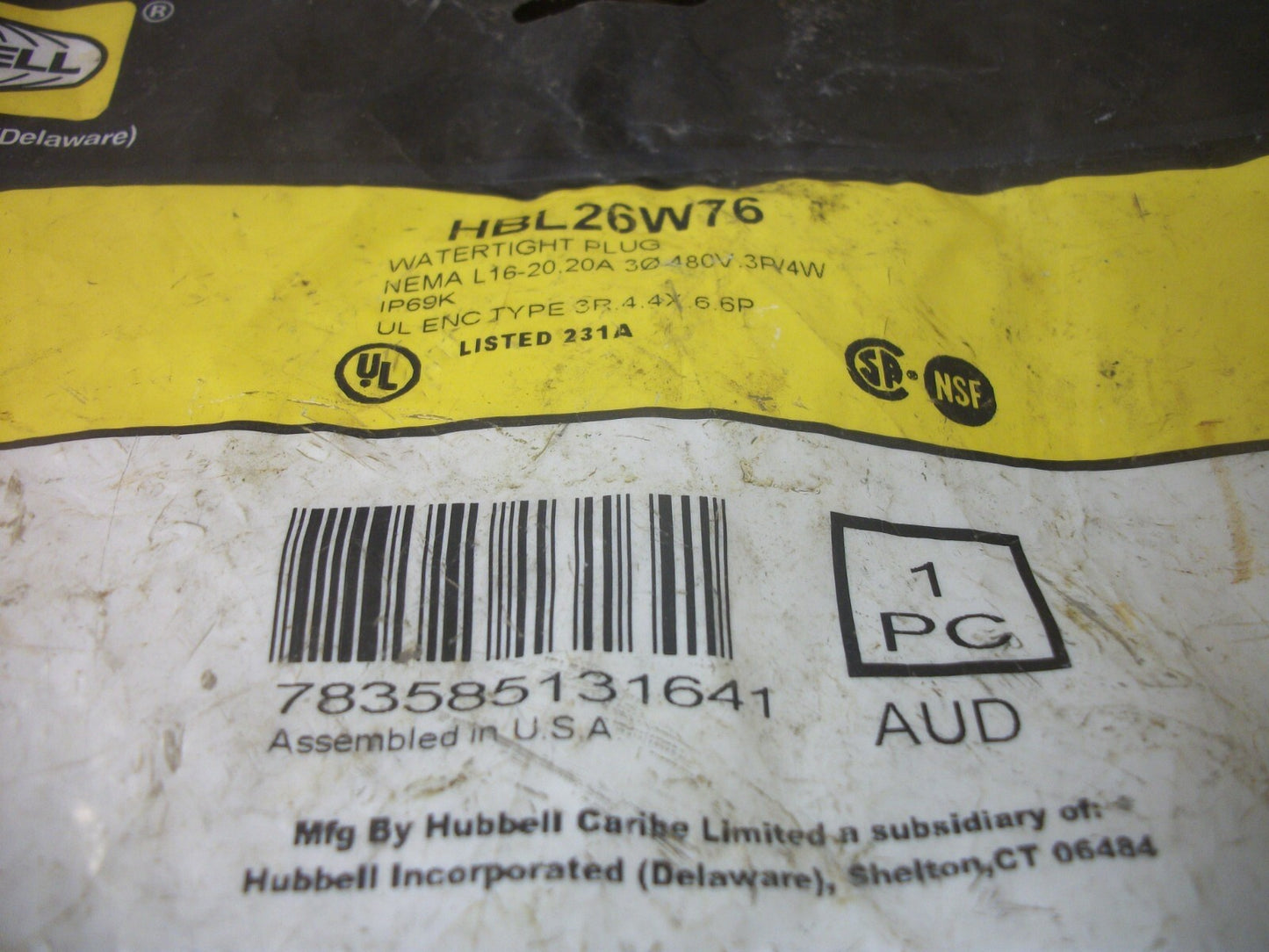 HUBBELL WATERTIGHT PLUG HBL26W76 20AMP 480VOLT 3PH 3P 4W NEW