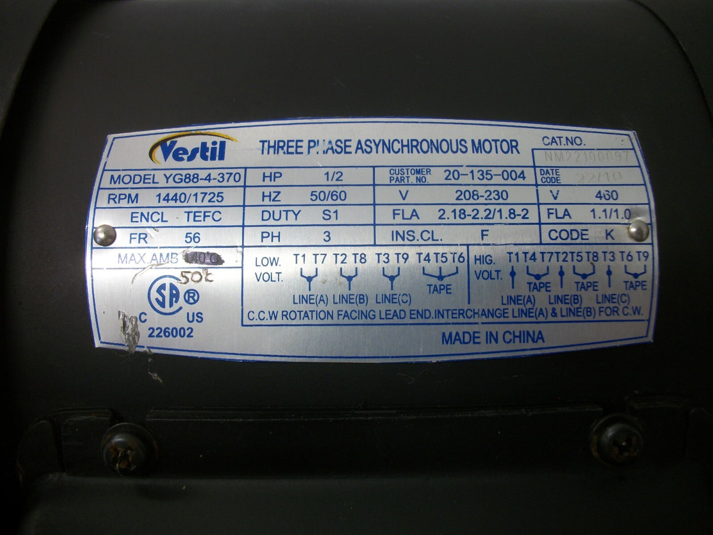 VESTIL YG88-4-370 1/2HP 56 TEFC AC MOTOR NM22100097 460VOLT 3PH 1725RPM NOB