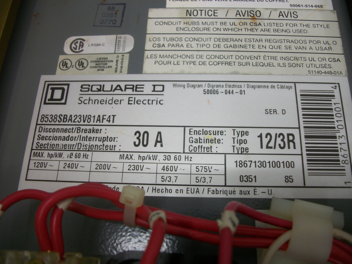 SQUARE D STARTER COMBO SIZE 0 TYPE 3R 8536SBO2S 120VCOIL 30AMP FUSIBLE