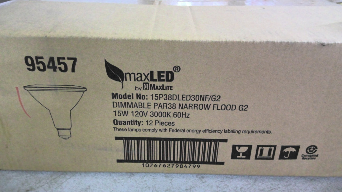 MAXLITE 95457 BOX OF 12 DIMMABLE PAR38 NARROW FLOOD G2 LAMPS 15P38DLED30NF/G2